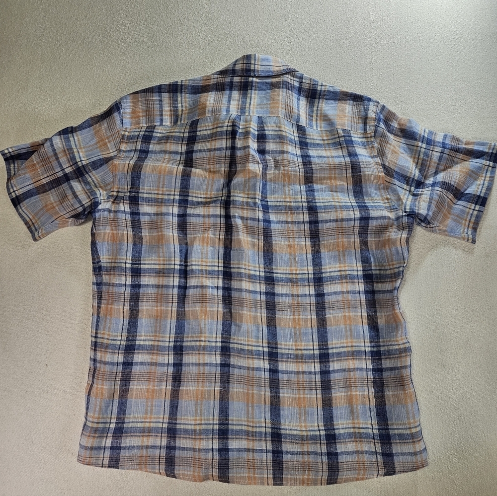 Peter Millar Linen Shirt Large Blue Orange Plaid Short Sleeve - Picture 5 of 6
